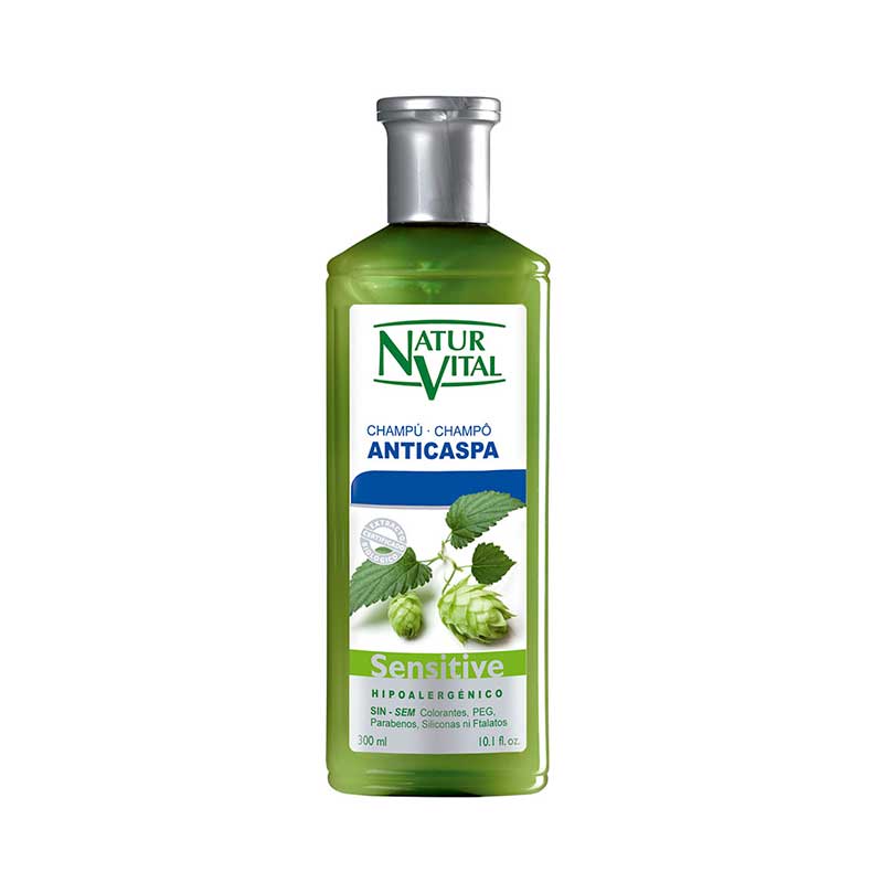 Champú Sensitive Lúpulo Anticaspa 300ml NaturVital. Con extractos de Lúpulo y Tomillo, es un perfecto complemento diario para la limpieza y cuidado de tu cabello, combate y previene la caspa