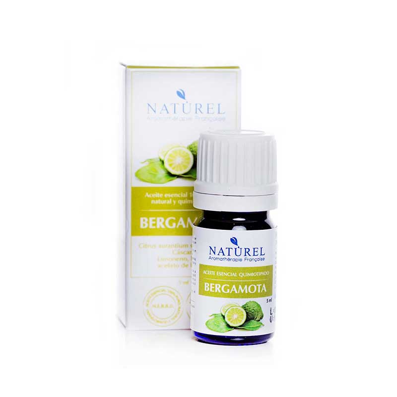 Aromaterapia Bergamota 5ml Naturel. Contiene aceites esenciales franceses de bergamota, que perfuman la piel y mejoran el positivismo y el buen humor.