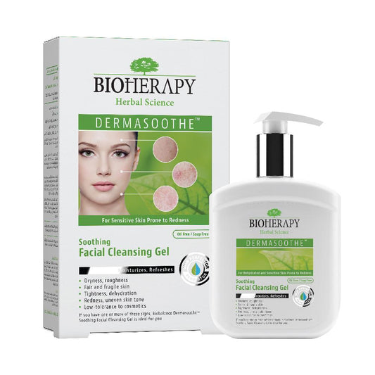 Dermasoothe Gel de limpieza Facial Bioherapy. Ayuda a mejorar lafunción de barrera natural de la piel y reduce el enrojecimiento, la picazón y la sensibilidad.