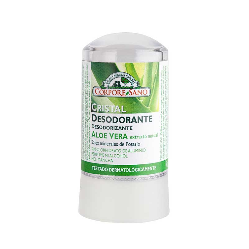 Desodorante Cristal Potasio Aloe 60ml Corpore Sano. Inhibe el desarrollo de los microorganismos que causan la aparición del mal olor, por descomposición bacteriana del sudor.