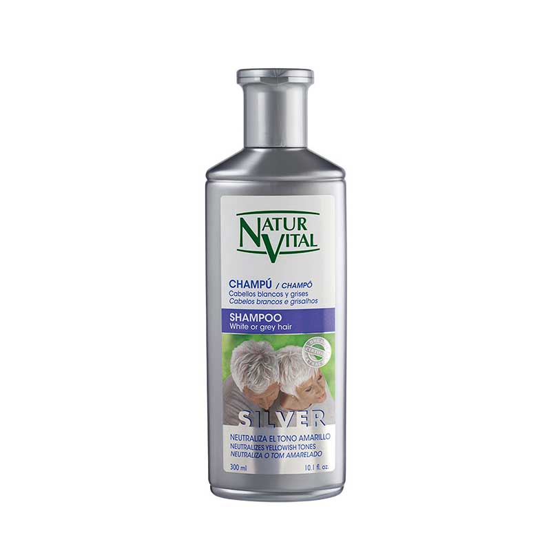 NV Champu Silver 300ml NaturVital. Contiene extracto de Arándano de cultivo Biológico certificado, rico en pigmentación de tonos azules, elimina ópticamente el color amarillento del cabello